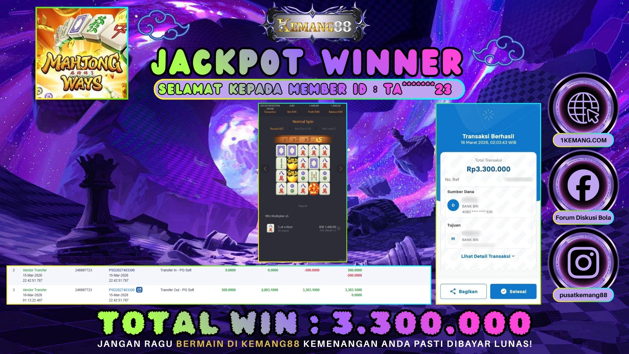 KEMANG88 [16 Maret 2026] : JACKPOT SLOT : MAHJONG WAYS 1 [PG] Rp. 5.000.000.,- LUNAS